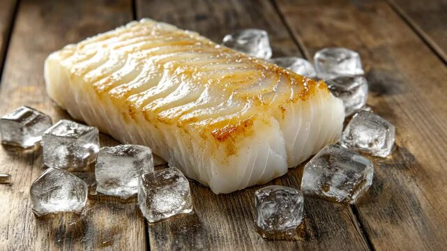 A pan-seared fish fillet rests on ice on a wooden surface