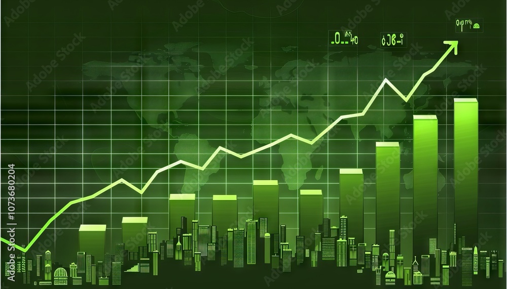 Poster a green-themed financial graphic showcasing a rising statistical trend with bar graphs and a line ch