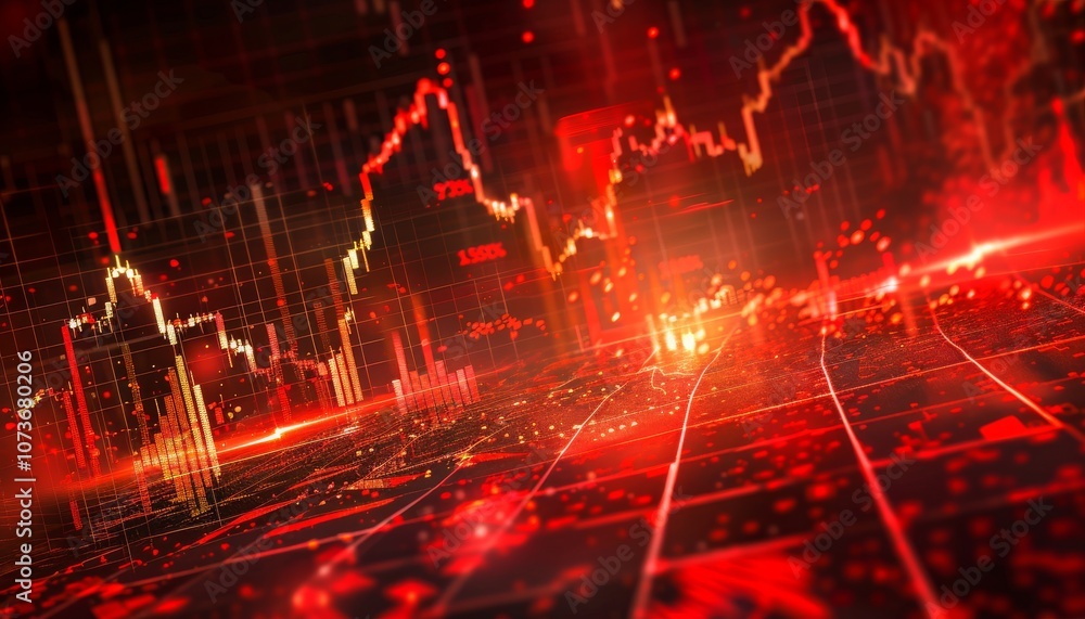 Poster a digital showing red financial charts and data visualizations, depicting a dramatic market decline 