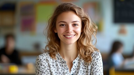 A woman with long blonde hair is smiling at the camera. She is wearing a white shirt with a floral pattern