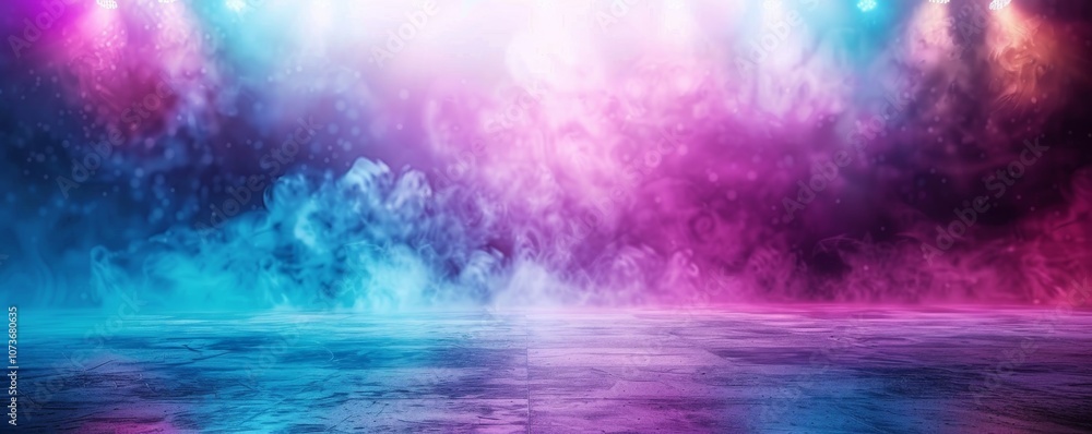 Poster a vibrant, colorful scene with swirling fog and light effects, creating a dynamic, atmospheric space