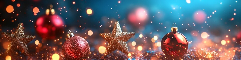 A Christmas scene with red and gold ornaments and stars