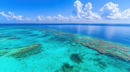 Fototapeta premium Aerial view of a vibrant coral reef in clear turquoise water, with a blue sky and white clouds.