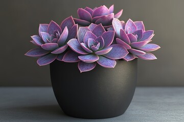 Fototapeta premium Close-up of purple succulent plants in a black pot against a gray background.