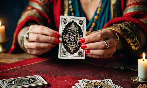 Fortune teller showing tarot card in mystical setup.
