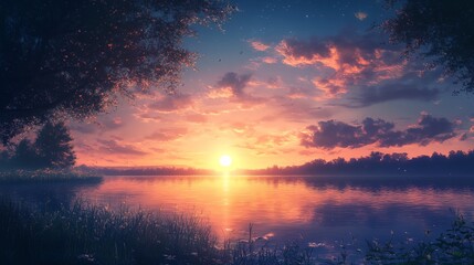 Fototapeta premium A beautiful sunset over a lake with trees in the background