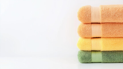 Bathroom concept, Soft cotton towels stacked in warm colors of orange, yellow, and green, creating cozy and inviting atmosphere for any bathroom or spa setting