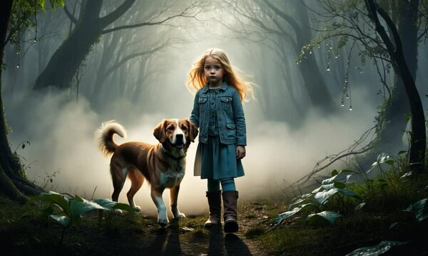 irl with dog in misty, enchanted forest.