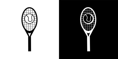 Tennis Racket and Balls symbol on black and white background