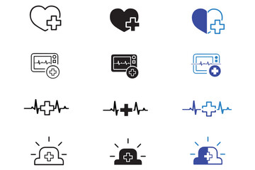 Emergency medical health care icon set. Vector illustrastion of medical, rescue, patient, safety, urgent, surgery, treatment signs illustration