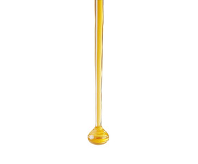 Glass dropper with yellow liquid and droplet falling, placed on a white background, fully visible and centered. PNG transparent.