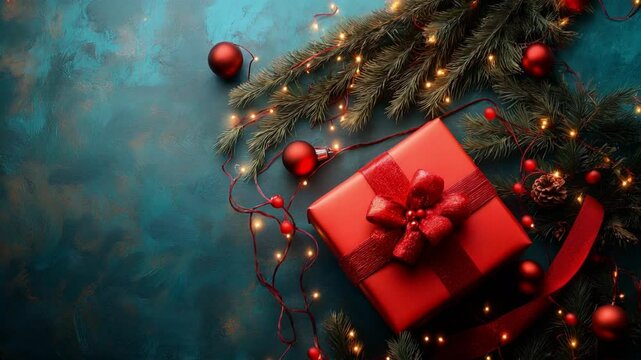 A red gift box with a shiny bow sits on a teal background surrounded by pine branches, red string lights, and red ornaments. The festive scene is perfect for a holiday card or backdrop.