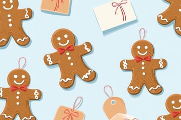 Obraz premium Charming pattern featuring smiling gingerbread cookies with red bow ties, festive gift tags, and wrapped presents on a light blue background