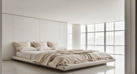 Bedroom with soft linens and large windows.