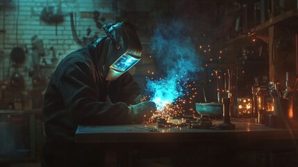 Welder at Work in a Dark Workshop