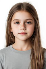 Passfoto f&uuml;r Kinderausweis - M&auml;dchen mit langen braunen Haaren und grauem Shirt
