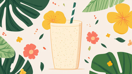 Fototapeta premium refreshing banana smoothie with straw, surrounded by tropical leaves and flowers