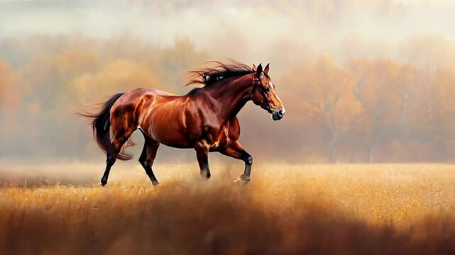 Brown horse galloping across a colorful autumn field highlights the elegance and charm of nature's stunning landscape