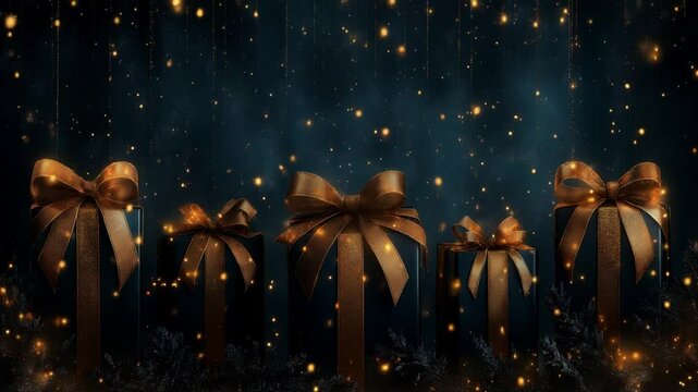 Five black gift boxes with gold bows and ribbon are arranged on a dark blue background with gold glitter and sparkles.