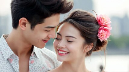 Young couple sharing a tender moment, with the man leaning in to plant a kiss on the woman's cheek, exuding warmth and joy in a beautiful outdoor setting