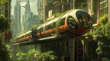 Fototapeta premium Futuristic train traveling over lush greenery in a futuristic city.