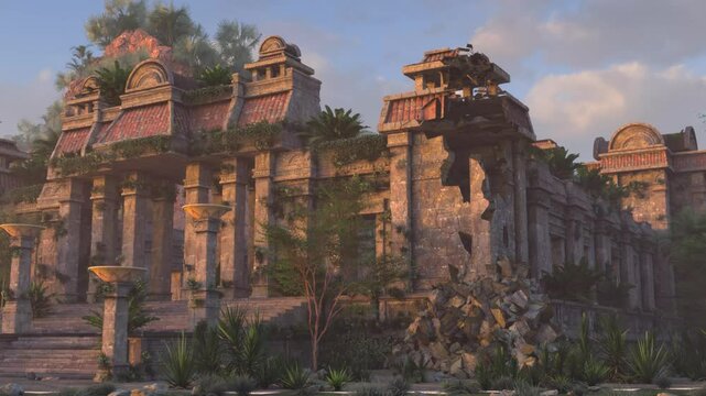 
Animation inside an ancient temple in ruins overtaken by vegetation
