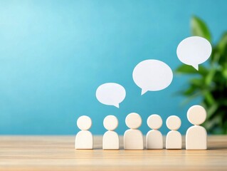 A group of wooden figures stands on a tabletop, with speech bubbles above, suggesting communication or discussion against a soft blue backdrop.