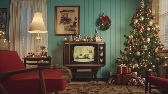 Retro Christmas Living Room with Vintage Ornaments and Classic Holiday Movie Vibe