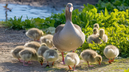 Fototapeta premium A proud female goose stands among her adorable fluffy goslings in a lush green setting, showcasing maternal care and vibrant wildlife.