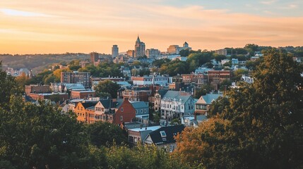 Fototapeta premium A picturesque view of a city skyline with buildings and trees during a sunset.