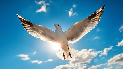 Silhouette of a seagull soaring freely in the sky against a glowing sunset, symbolizing freedom. Gentle light rays emphasize and liberating atmosphere, enhancing the feeling of boundless freedom.