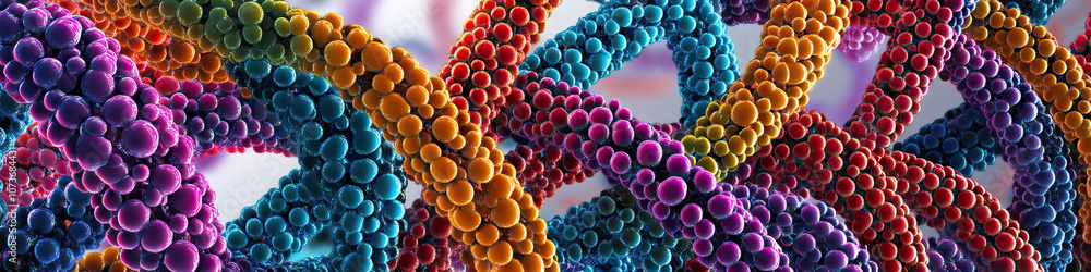Poster genetic jigsaw: a colorful array of dna strands, arranged in a intricate pattern on a white backgrou