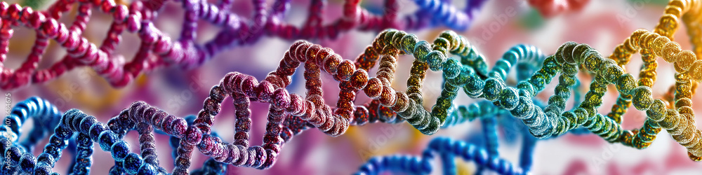 Poster genetic jigsaw: a colorful array of dna strands, arranged in a intricate pattern on a white backgrou