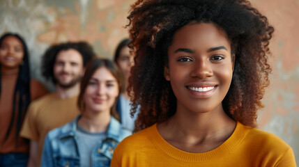 A group of diverse friends share smiles and laughter in a vibrant urban setting during a sunny afternoon gathering