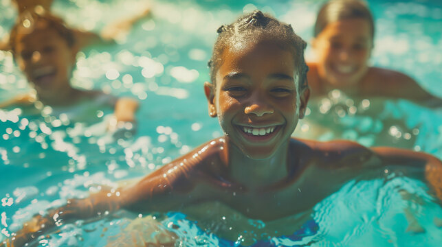 Smiling boy enjoys summer fun in swimming pool