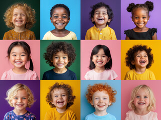 A collage of photographs of smiling children of different races, boys and girls, on a colored background
