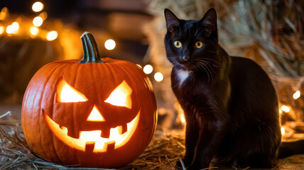 A curious black cat sits beside a glowing Jack-o'-lantern, surrounded by hay bales and warm autumn lights, capturing the essence of Halloween.