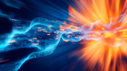 Obraz premium Digital Data Flow Abstract: Dynamic blue and orange light streaks represent fast digital data flow and connectivity in a technological abstract concept.