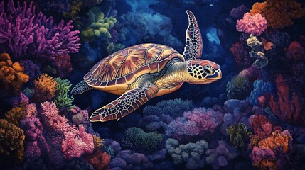Fototapeta premium A sea turtle swims through a vibrant coral reef, its shell glowing with iridescent colors.