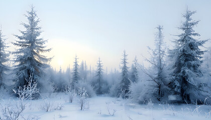 Obraz premium UHD Winter Landscape Featuring a Snow-Covered Forest with Tall Pines and Bare BranchesUHD Winter Landscape Featuring a Snow-Covered Forest with Tall Pines and Bare Branches