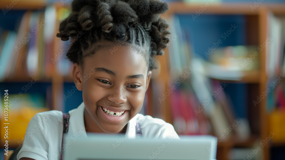 Poster young girl smiles while using a tablet in a colorful classroom during an engaging learning session