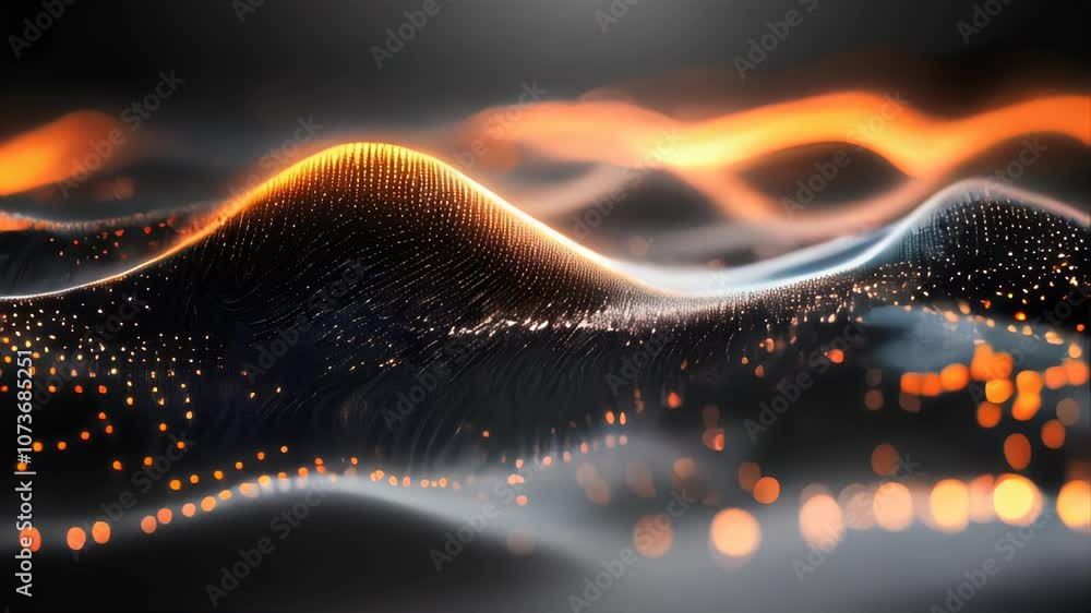 Poster abstract wave pattern with glowing orange dots on dark background, resembling digital data flow or p