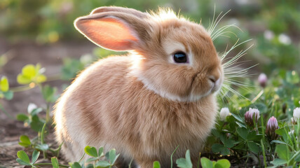 Obraz premium A cute brown rabbit sitting amidst lush green clover and blooming flowers, capturing the essence of a peaceful spring day.