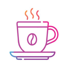 Gradient coffee cup vector illustration with saucer, Vector illustration of a coffee cup with a gradient outline, featuring a coffee bean icon and steam, placed on a saucer for a modern look.
