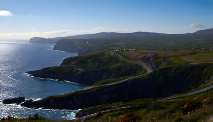 Calm Evening at the Ring of Kerry with Coastal Cliffs, Winding Roads, and the Atlantic Ocean