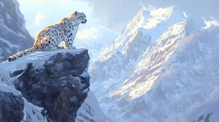 A majestic snow leopard sits on a rocky cliff overlooking a snowy mountain range.