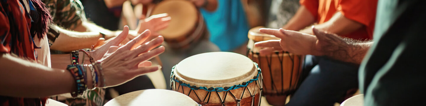 The Rhythm of Kinship: A drum circle with people from different backgrounds playing together in harmony.