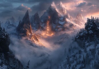 Snowy Mountain Range with Mist and Cinematic Lighting