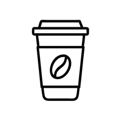 Coffee to-go cup vector illustration in black outline, Minimalistic vector illustration of a coffee to-go cup with a lid and sleeve, depicted in a simple black outline with a coffee bean icon.
