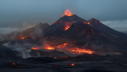Volcanic Mountain Range with Glowing Lava